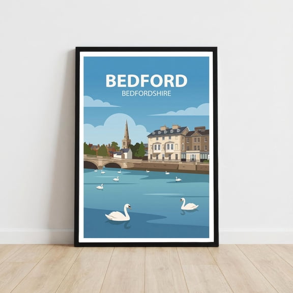 Bedford Bedfordshire Travel Poster Print: Riverside Town Landscape Decor, Poster Only