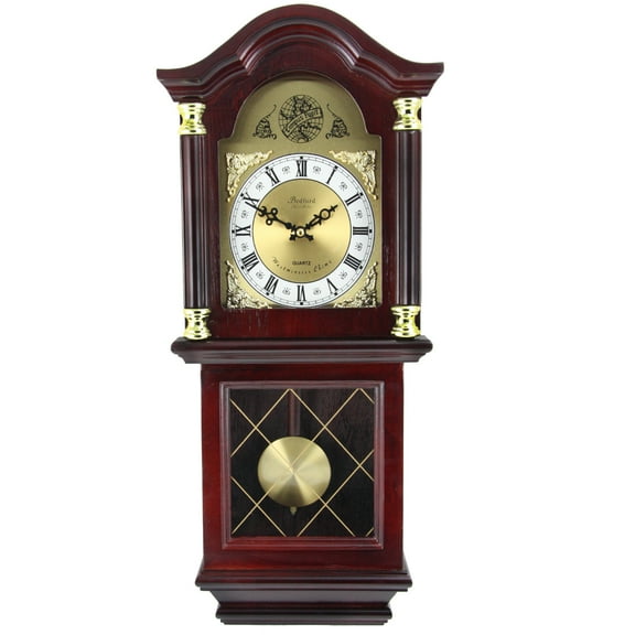 Bedford Clock Collection 26" Antique Mahogany Cherry Oak Chiming Wall Clock with Roman Numerals