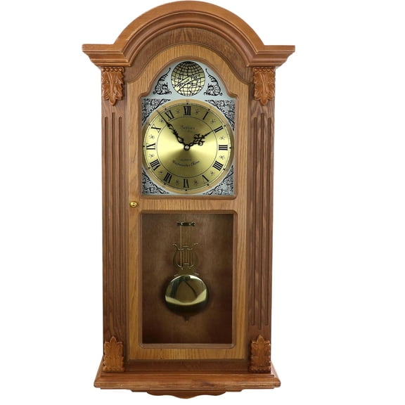 Bedford Clock Collection Honey Oak Chiming Pendulum Wall Clock Classic Style, Golden Accents, and Hourly Chime with Sleep Mode