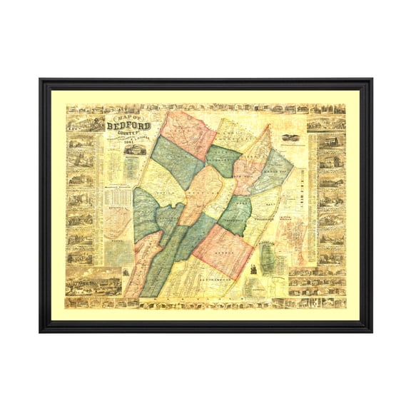 Bedford County Pennsylvania Art, 1861 Vintage Map of Bedford County PA History Wall Decor Gift, Old Bedford County PA Map - 36" x 24" Black Framed Print