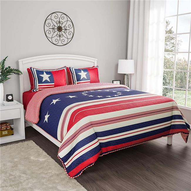 Patriotic Americana Twin Microfiber Quilt Set in Red, White, and Blue
