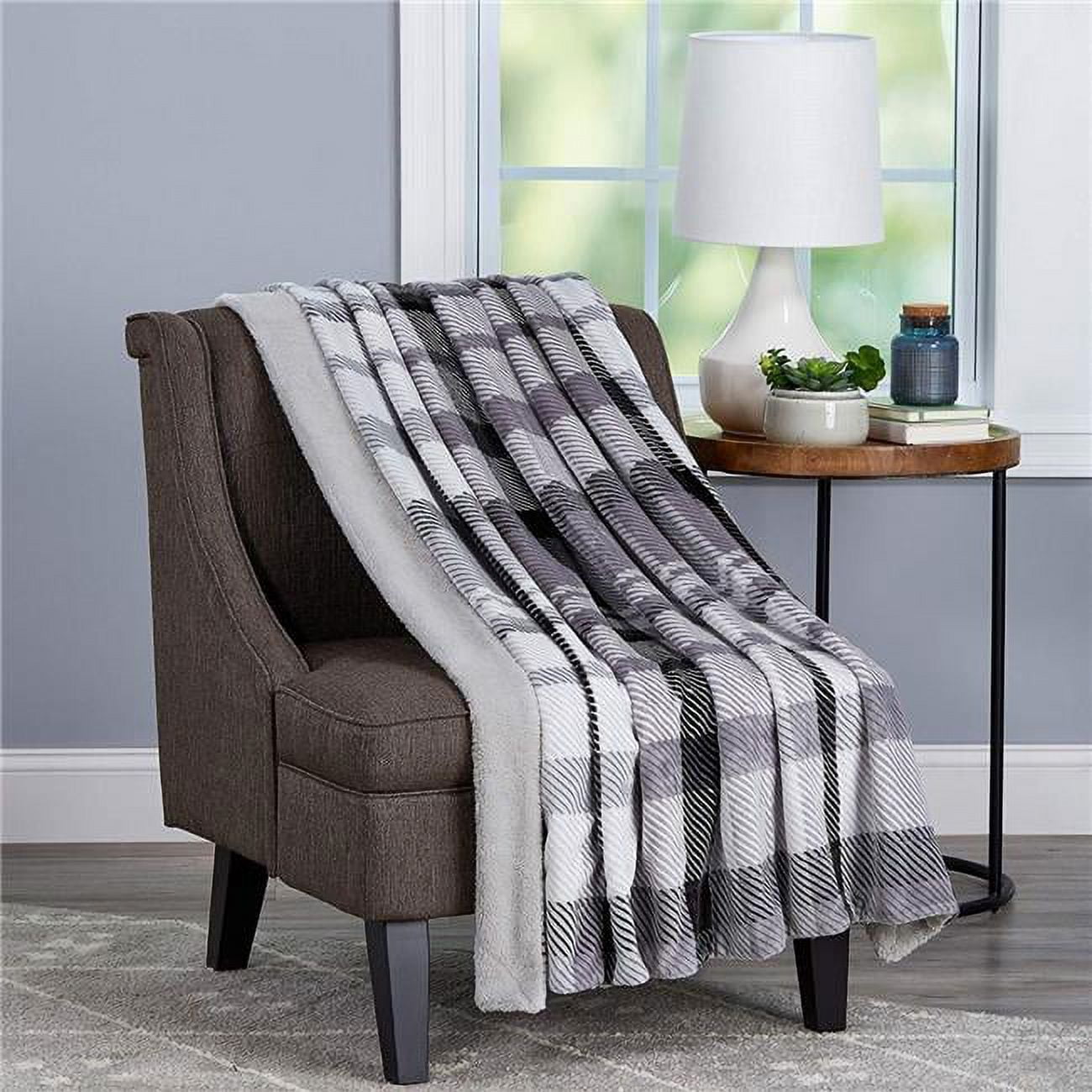 Bedford Home 66A-29317 Blanket Oversized Plush Woven Polyester Sherpa Fleece Plaid Throw