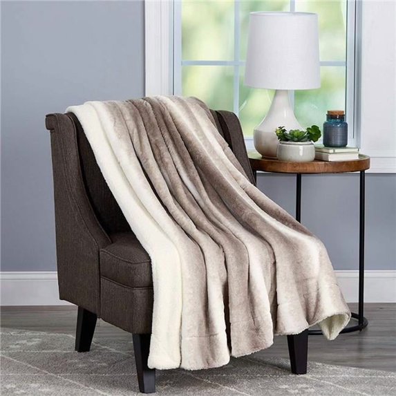 Bedford Home 66A-34953 Soft Hypoallergenic Faux Rabbit Fur Blanket with Sherpa Back for Couch Throw Luxurious, 60 x 70 in. - Cream Beidge