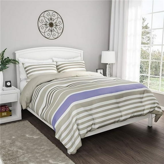 Bedford Home 66A-78483 Microfiber Seaside Lavender Striped Down Alternative All-Season Blanket with Sham 3 Piece Comforter Set, Full & Queen Size