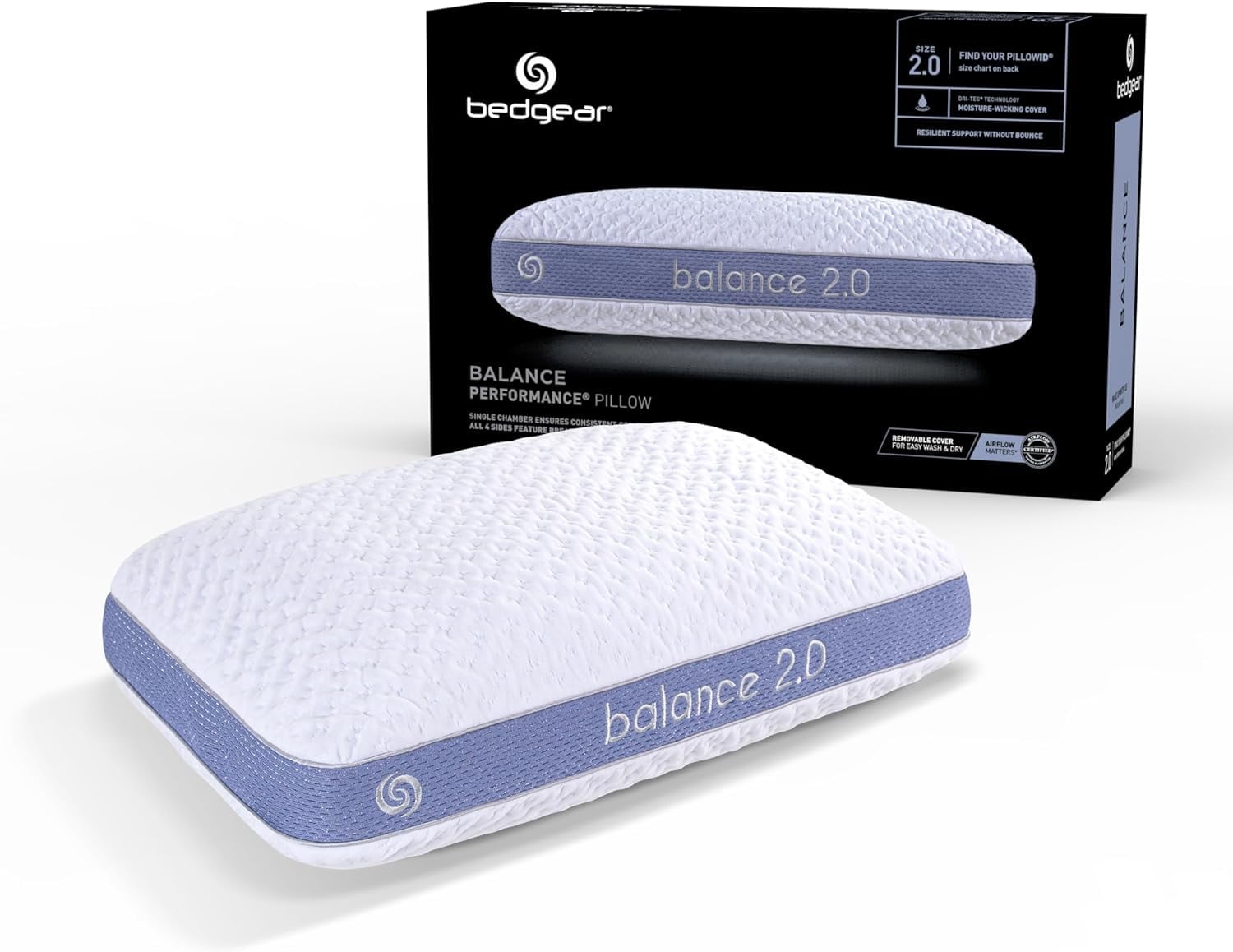 Bedgear Balance Performance Pillow – 2.0 - Moisture Wicking Bed Pillow for All Sleep Positions - Medium Firmness Bed Pillow - Washable Removable Cover