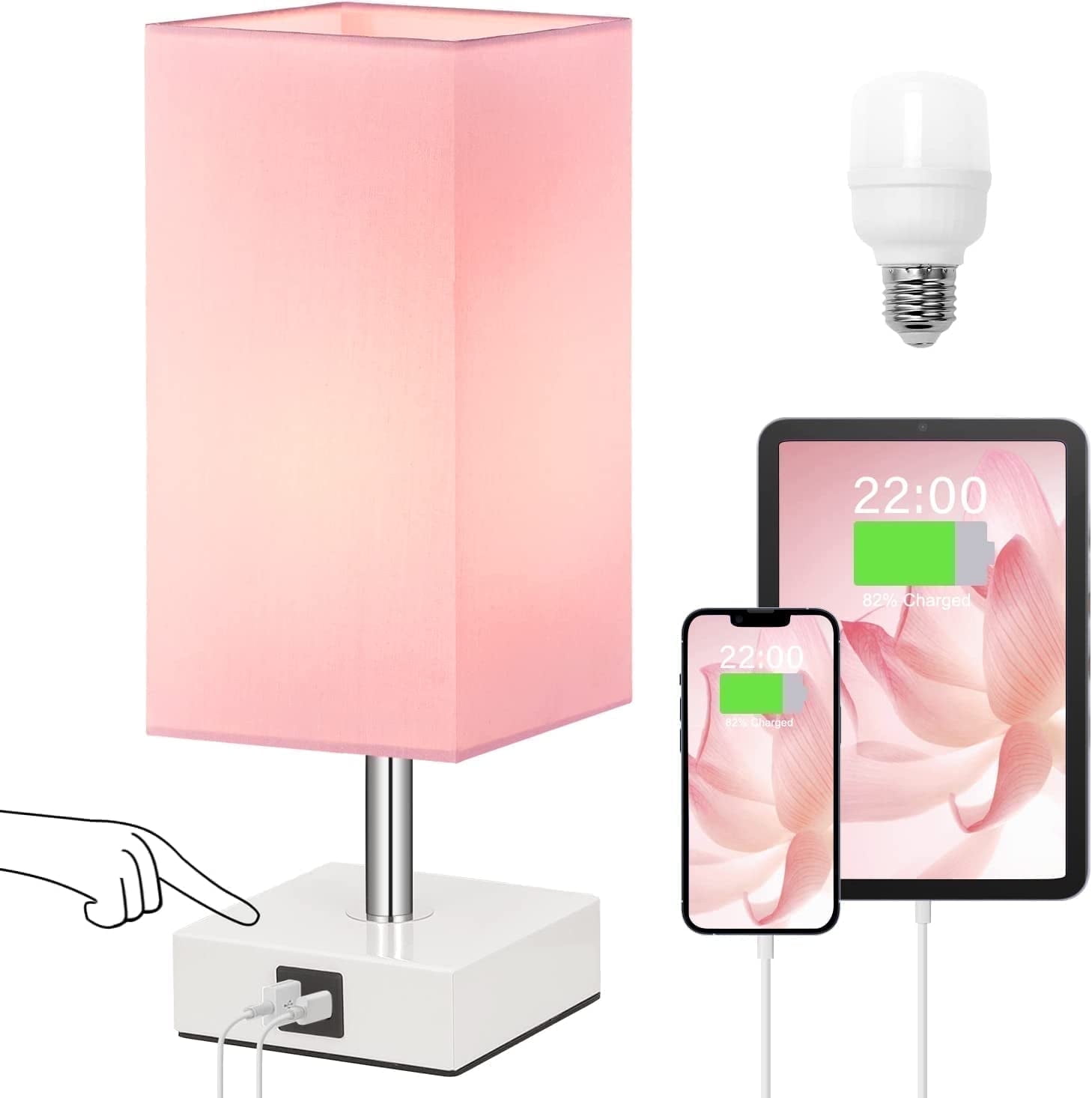 Touch Control Table Lamp with 2 USB Charging Ports, 3 Way Touch Lamps Beside Desk, LED Bulb Included (Pink)