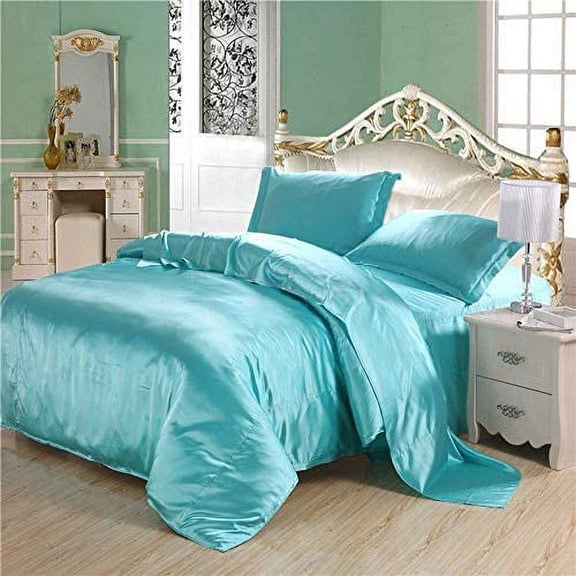 Bedify Bedding 100% Pure Silk Satin Duvet with Fitted Set 4 Pcs Silk Fitted Sheet 15" Deep Pocket Silk Duvet Cover Pillowcases Set|Cool Soft Silk Sheets|Wrinkle Free Fade Resistant (Twin, Sky Blue)