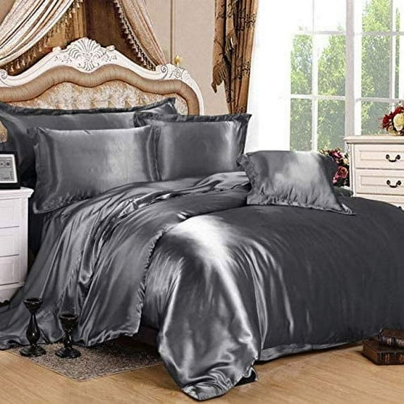 Bedify Bedding 100% Pure Silk Satin Duvet with Fitted Set 4 Pcs Silk Fitted Sheet 15" Deep Pocket Silk Duvet Cover Pillowcases Soft Silk Sheets|Wrinkle Free Fade Resistant (Full XL, Elephant Gray)