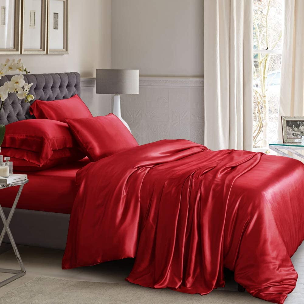 Bedify Bedding 100% Pure Silk Satin Duvet with Fitted Set 4 Pcs Silk Fitted Sheet 15" Deep Pocket Silk Duvet Cover Pillowcases | Wrinkle Free (Short Queen, Blood Red)
