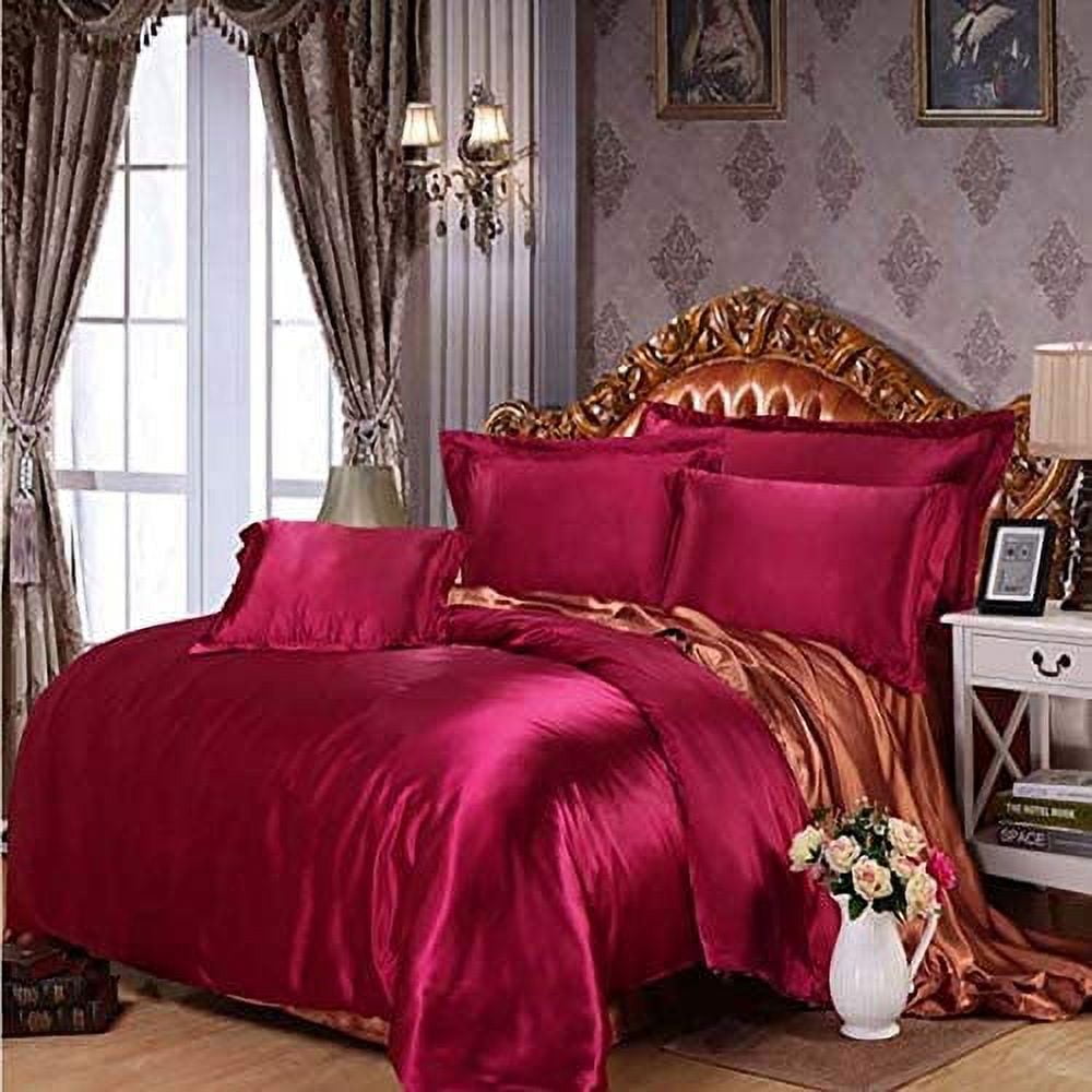 Bedify Bedding 100% Pure Silk Satin Duvet with Fitted Set 4 Pcs Silk Fitted Sheet 15" Deep Pocket Silk Duvet Cover Pillowcases | Wrinkle Free (Super Queen, Burgundy)