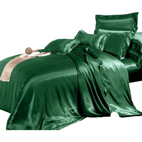 Bedify Bedding 100% Pure Silk Satin Duvet with Fitted Set 4 Pcs Silk Fitted Sheet 15" Deep Pocket Silk Duvet Cover Pillowcases | Wrinkle Free (California Queen, Olive)