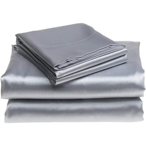 Bedify Bedding 100% Pure Silk Satin Sheet Set 4pcs, Silk Fitted Sheet 15" Deep Pocket Mattress fit,Silk Flat Sheet&Silk Pillowcases Set Soft Silk Sheets|Wrinkle Free Fade Resistant Silver, Cal-King