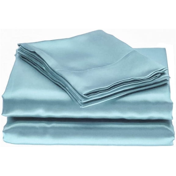 Bedify Bedding 100% Pure Silk Satin Sheet Set 4pcs, Silk Fitted Sheet 15" Deep Pocket Mattress fit,Silk Flat Sheet&Silk Pillowcases Set Soft Silk Sheets|Wrinkle Free Fade Resistant Sky Blue,SuperQueen