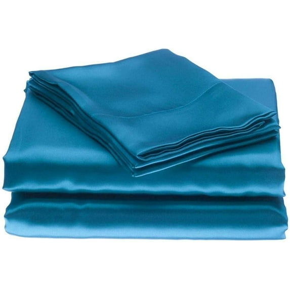 Bedify Bedding 100% Pure Silk Satin Sheet Set 4pcs Silk Fitted Sheet 15" Deep Pocket Mattress fit,Silk Flat Sheet & Pillowcases Cool Soft Silk Sheets|Wrinkle Free Fade Resistant OLY- Queen Turq. Blue
