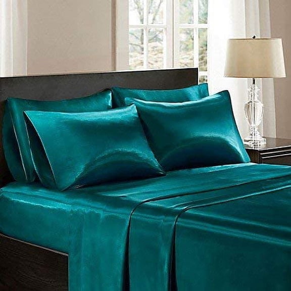 Bedify Bedding 100% Pure Silk Satin Sheet Set 4pcs, Silk Fitted Sheet 15" Deep Pocket Mattress fit,Silk Flat Sheet&Silk Pillowcases Set Cool Soft Silk Sheets|Wrinkle Free Fade Resistant King Teal