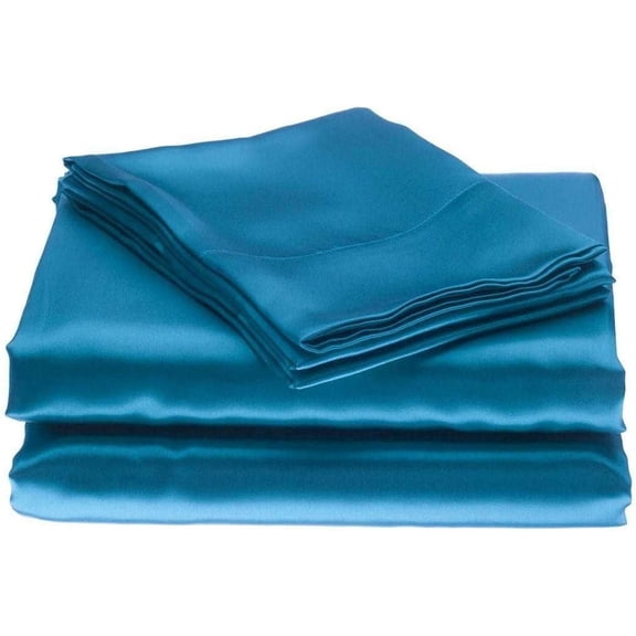 Bedify Bedding 100% Pure Silk Satin Sheet Set 7pcs, Silk Fitted Sheet 15'' Deep Pocket,Silk Flat Sheet,Duvet Cover & Pillowcase |Cool Soft Silk Sheet|Wrinkle Free Fade Resistant| King, Turquoise Blue