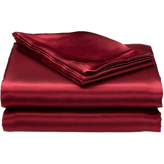 Bedify Bedding 100% Pure Silk Satin Sheet Set 7pcs, Silk Fitted Sheet 15'' Deep Pocket,Silk Flat Sheet,Duvet Cover&Pillowcases |Cool Soft Silk Sheets|Wrinkle Free Fade Resistant| Full, Burgundy
