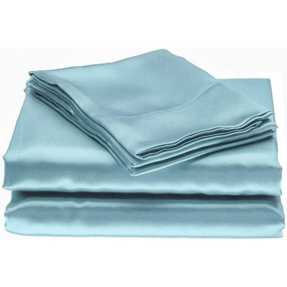 Bedify Bedding 100% Pure Silk Satin Sheet Set 7pcs,Silk Fitted Sheet 15"Deep Pocket Mattress fit,Silk Flat Sheet&Silk Pillowcases Set Cool Soft Silk Sheets|Wrinkle Free Fade Resistant Sky Blue Twin XL