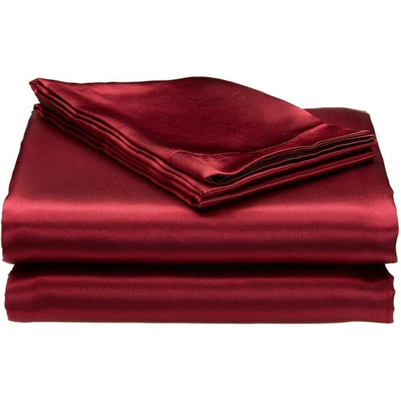 Bedify Bedding 100% Pure Silk Satin Sheet Set 7pcs, Silk Fitted Sheet 15'' Deep Pocket,Silk Flat Sheet,Duvet Cover&Pillowcases |Cool Soft Silk Sheets|Wrinkle Free Fade Resistant| OLY-Queen, Burgundy