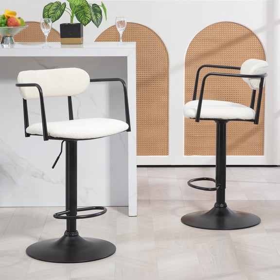 Bedivere Beige Boucle Fabric Adjustable Swivel Bar Stool with Black Iron Arms and Pedestal Leg