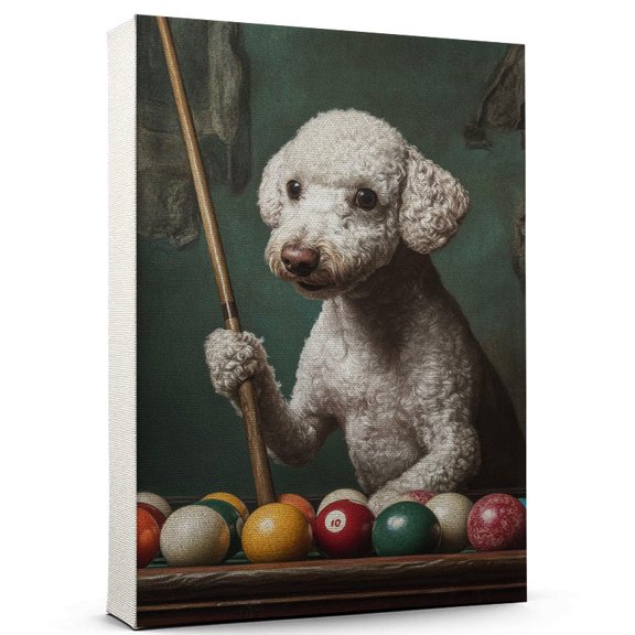 Bedlington Terrier Dog Playing Billiards Stretched Canvas Size 8x12 – Sports Dog, Perfect for Animal Lovers, Bedlington Terrier Dog Canvas, Billiards Canvas Size Wall Art