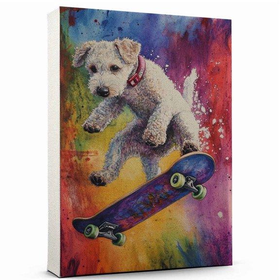 Bedlington Terrier Dog Playing Skateboarding Wall Stretched Canvas Size 8x12 – Bedlington Terrier Canvas Art for Dog Lovers, Skateboarding Canvas Wall Decor