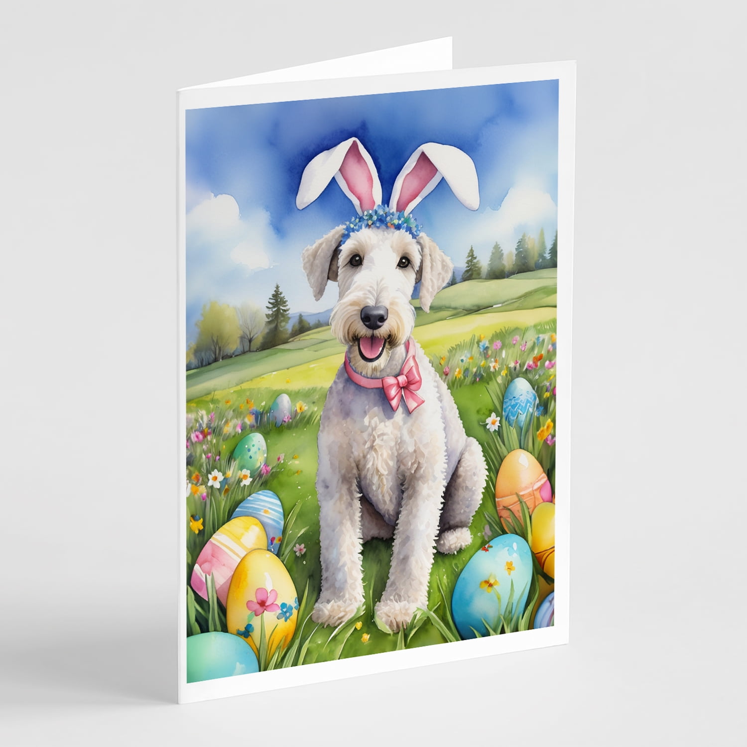 Bedlington Terrier Easter Egg Hunt Greeting Cards Pack of 8 7 in x 5 in