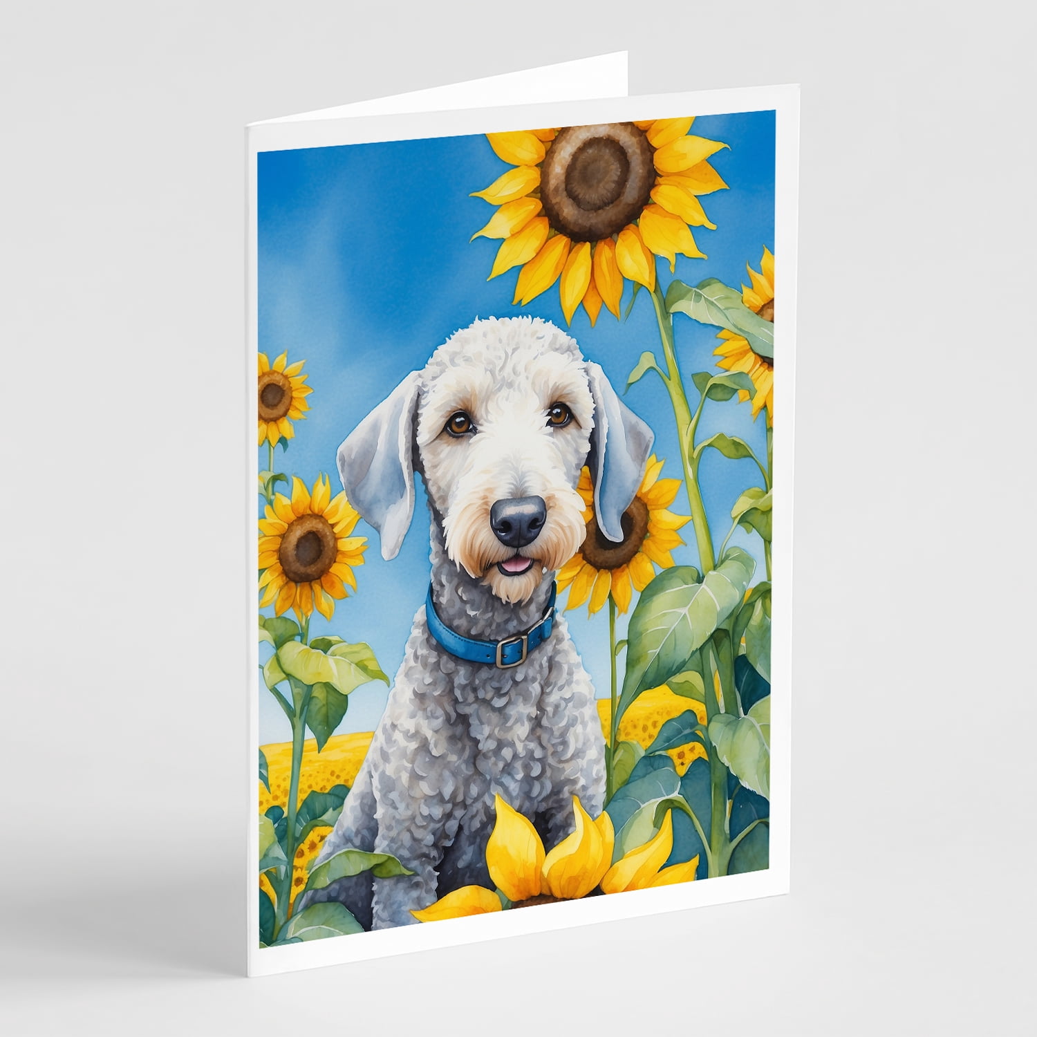 Bedlington Terrier in Sunflowers Greeting Cards Pack of 8 7 in x 5 in