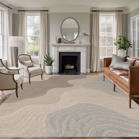 Bedliving 8' x 10' Washable Area Rug, Gray Beige Contour Line Abstract Low Pile Carpet for Living Room Bedroom