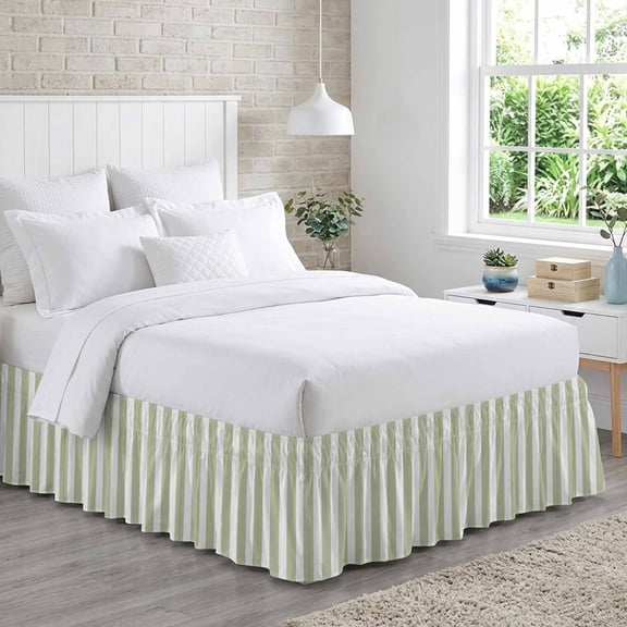 Bedliving Queen Bed Skirt, Sage Green White Stripe Adjustable Elastic Wrap Around Dust Ruffle, 16" Drop Pleated Style