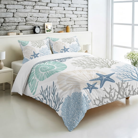 Bedliving Queen Comforter Set 3 Pieces Coastal Coral Seashell Ocean Bedding with 2 Pillow Shams, Soft Microfiber Cover, Teal Blue
