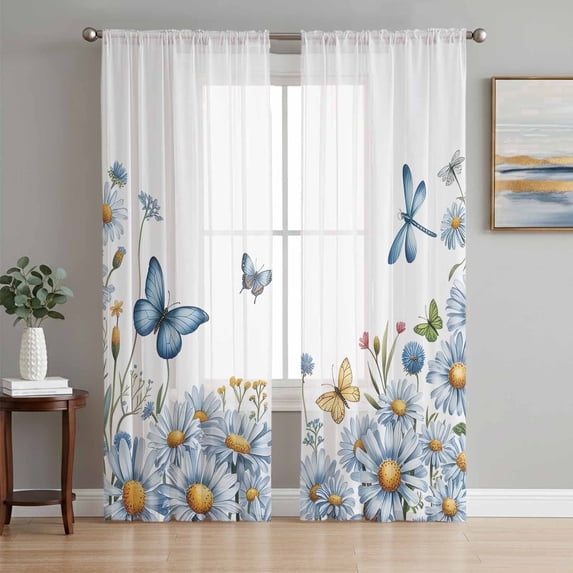 Bedliving Sheer Curtains 84 Inches Long 2 Panels Blue Daisy Floral Light Filtering Voile Drapes Rod Pocket Curtains for Bedroom Living Room Decor