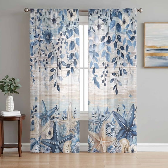 Bedliving Sheer Curtains 84 Inches Long 2 Panels Navy Blue Coastal Light Filtering Voile Drapes Rod Pocket Curtains for Bedroom Living Room Decor