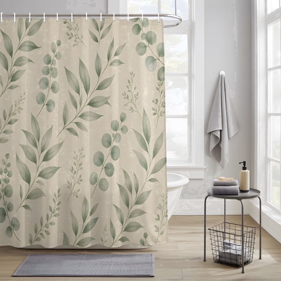 Bedliving Shower Curtain Set with 12 Hooks, Sage Eucalyptus Botanical Waterproof Fabric, 72" x 72"