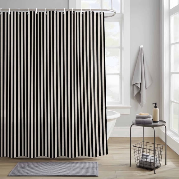Bedliving Shower Curtain for Bathroom with 12 Hooks Waterproof Fabric, Black Stripes, 72" x 72"