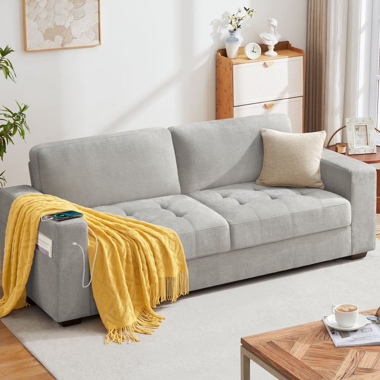 Bedluxury 89 inch Deep Sofa Couch with USB/Type-C Charging, Storage Pocket & Wide Armrest, Removable Cover, Seats 3 Adults, Chenille Gray, Size: 35D x