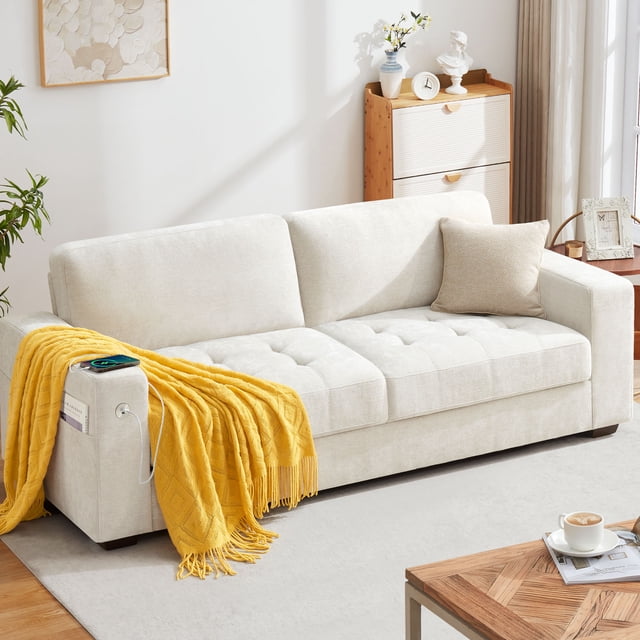 Bedluxury 89" Deep Sofa Couch with USB/Type-C Charging, Storage Pocket & Wide Armrest, Removable Cover, Seats 3 Adults, Chenille Beige