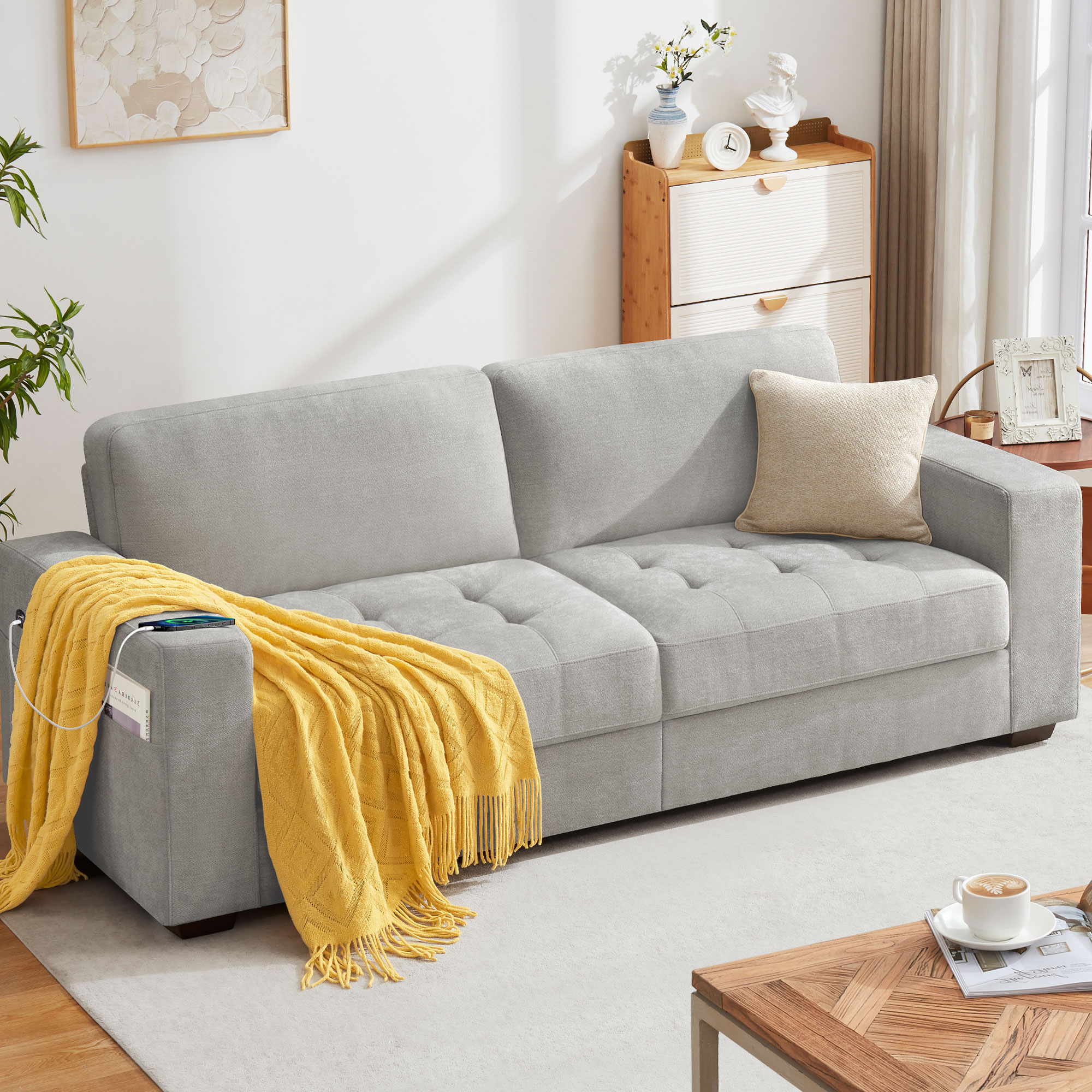 Bedluxury 89'' Comfy Sofa Couch for Living Room, Modern Deep Seat Couch with Wide Armrest, Removable Cover, Chenille Fabric Couches for Small Space, Apartment, 3 Seater(Grey)