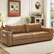 Bedluxury 89" Deep Sofa Couch with USB/Type-C Charging, Storage Pocket & Wide Armrest, Removable Cover, Seats 3 Adults, PU Leather Brown
