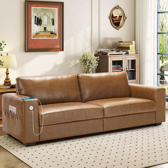 Hombryzy 89'' PU Leather Sofa for Living Room, Modern Deep Seat Couch with Wide Armrest, Removable Cover, Comfy Couch for Small Space,USB/Type-C Port(Brown)