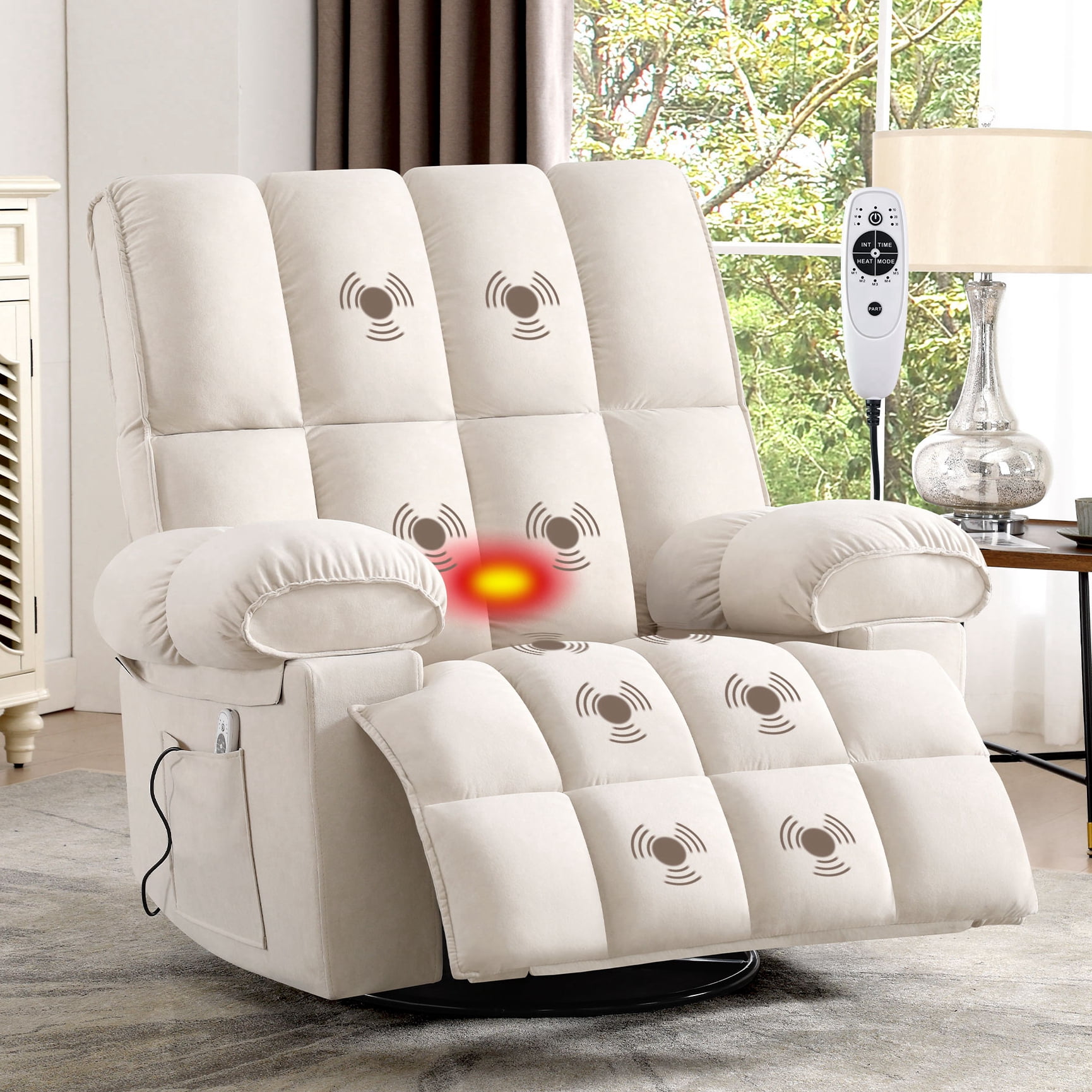 Bedluxury Swivel Rocker Recliner Chair with Massage and Heat Extra Wide Recliner for Living Room with High Backrest Side Pockets USB Charge PortBeige in Kosovo at 697 Rating 4