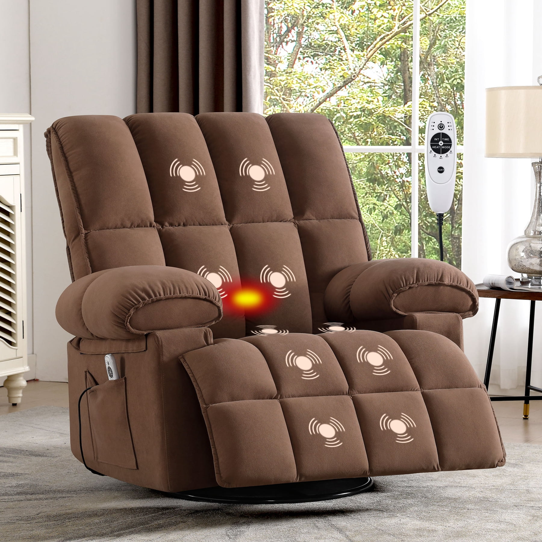 Bedluxury Swivel Rocker Recliner with Massage Heat USB Port Side Pockets Brown Walmart