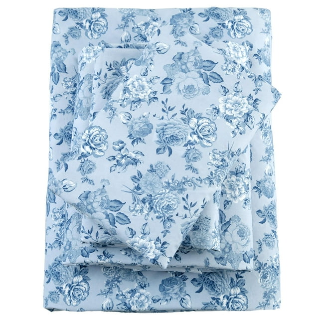 Bedmoon Azure Floral Pattern Printed Queen Sheet Set 4 Piece Soft