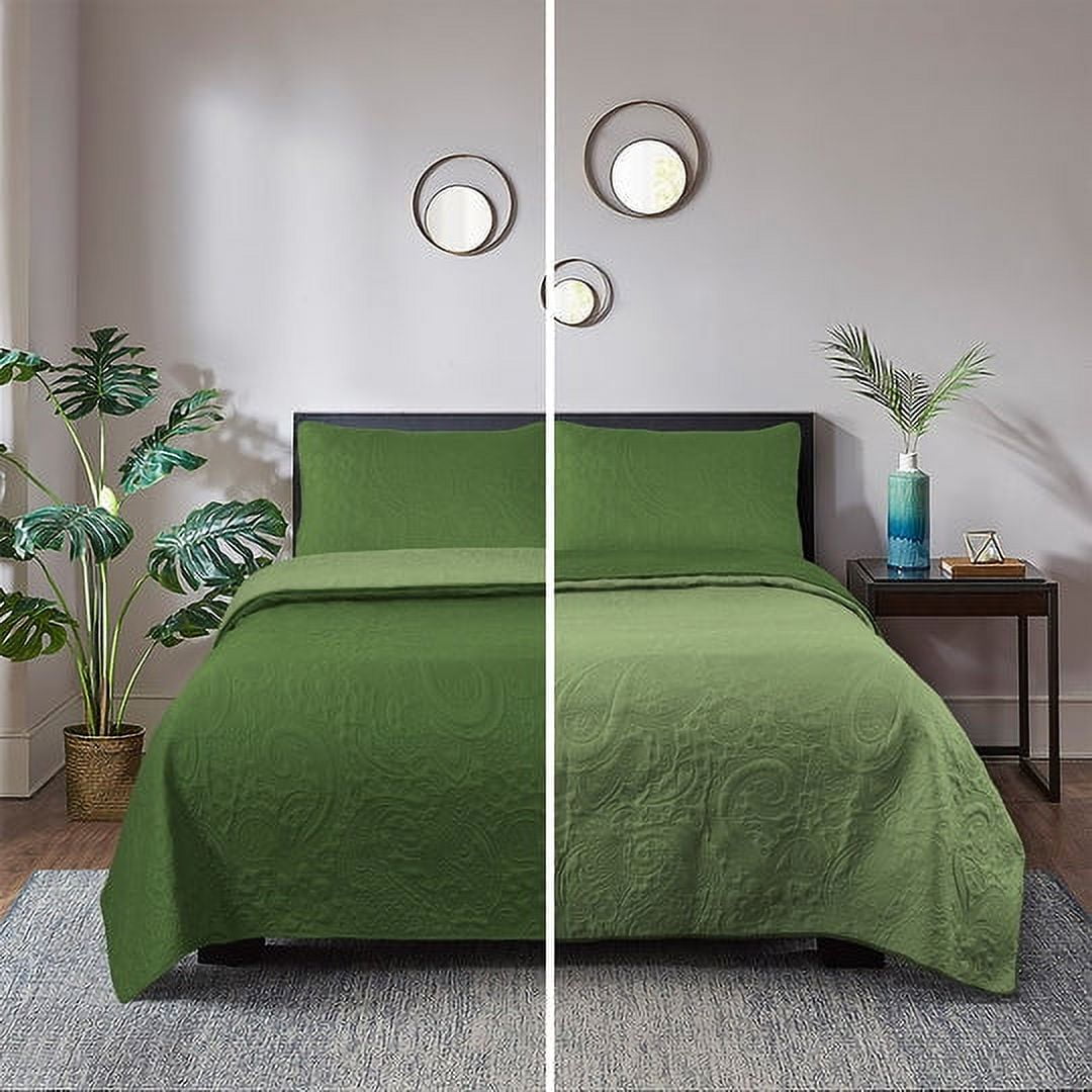 BednLinens 3 Pcs Reversible Green Bedspread Set Lightweight Ultrasonic