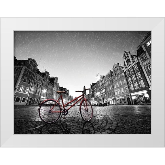 Bednarek, M. 32x25 White Modern Wood Framed Museum Art Print Titled - Red Bike on Cobble Stone Street