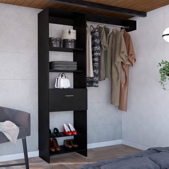Bedroom 150 Closet In Black - Metal Rod, 5 Open Shelves, 1 Drawer Magnificent Design Modern Black, Marvelous Decoration