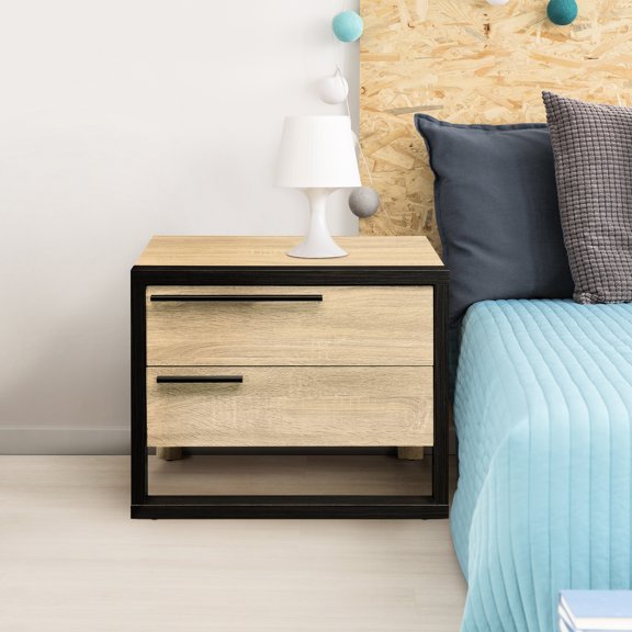 Bedroom 2 Nightstand In Industrial Style, Oak & Black With 2 Drawers, And