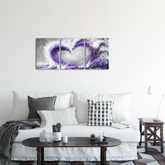 Bedroom 3 Piece 12 x 16 Inch Framed Wall Art Set Ocean Wave Painting Love Sign Wall Decor Framed Artwork Bathroom Bedroom Living Room Decor (Purple)