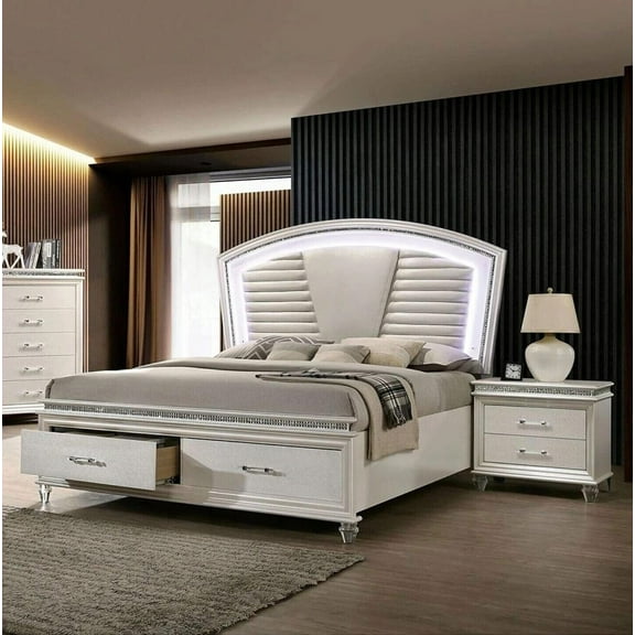 Bedroom 3pc Set Pearl White California King Size Bed w Storage FB 2x Nightstands Furniture LED Mirror Accent Contemporary