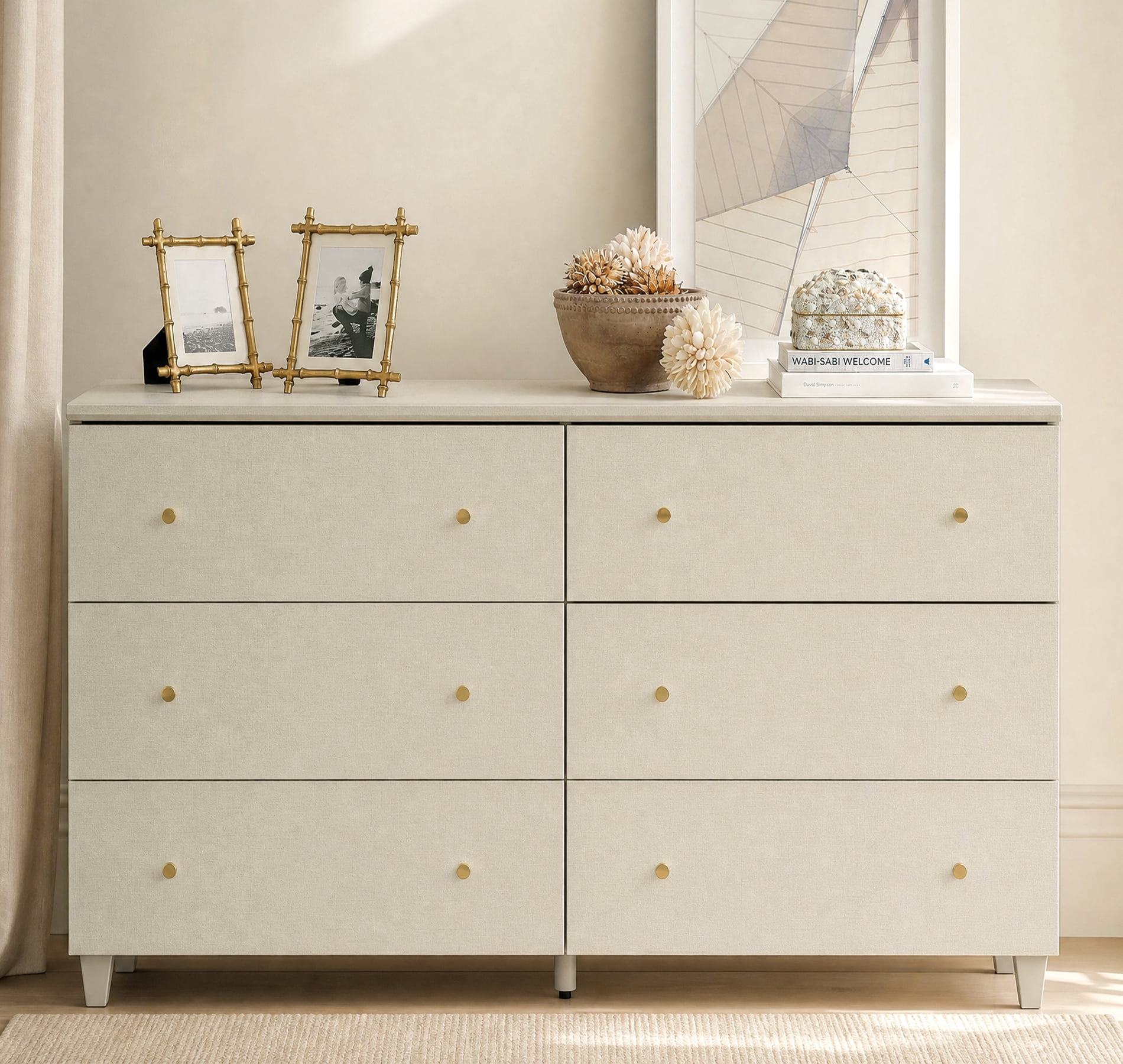 Bedroom 6-Drawer Dresser, Modern Wood Chest of Drawers with Solid Wood Legs w/ Non-slip Pads, Anti-tip Kit, Beige Linen Printed Finish, 47.2" Wide